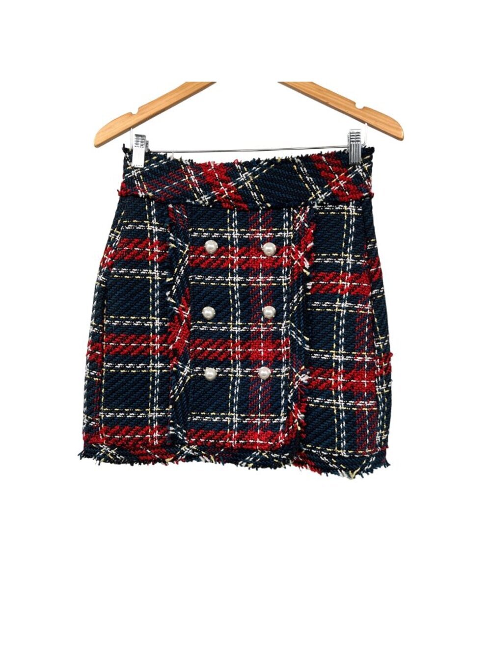 Goodnight Macaroon Plaid Tweed Skirt A-Line Multicolor Buttons Size Medium